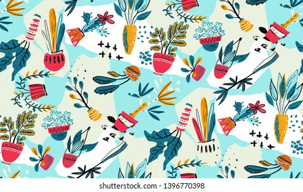 Vector seamless pattern with collection of house plants in pots with collage paper background. Cute hand drawn colorful endless abstract illustration.