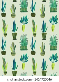 Vector seamless pattern with collection of house plants in pots. Cute hand drawn colorful endless background.