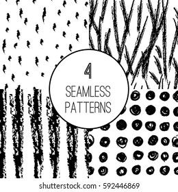 Vector seamless pattern collection. Set of hand drawn texture designs for textile, paper. Ink illustration. Black on white abstract grunge background with brush strokes, smudges, smear, dots, lines.