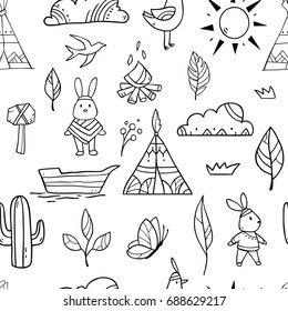 Vector seamless pattern collection set elements with rabbits, wigwam, bird, floral elements, clouds and so on