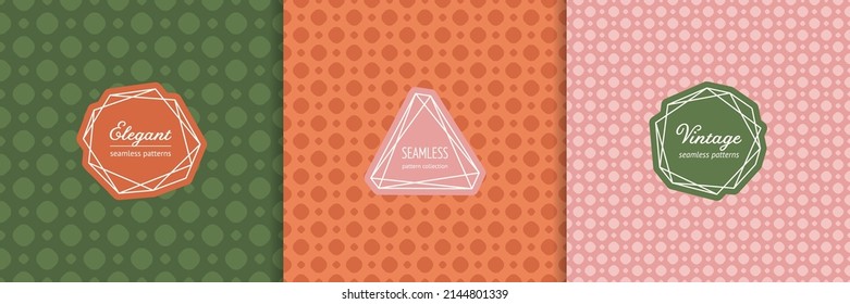 Vector seamless pattern collection with stylish labels, badges. Abstract geometric background with polka dots, circles. Trendy cover designs. Modern minimal ornaments in pink, green, orange color