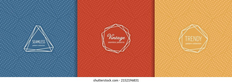 Colección de patrones sin interrupciones vectoriales con etiquetas elegantes, insignias. Resumen de fondo gráfico con cuadrícula geométrica. Diseños de moda. Texturas ornamentales modernas y elegantes de color azul, rojo y amarillo