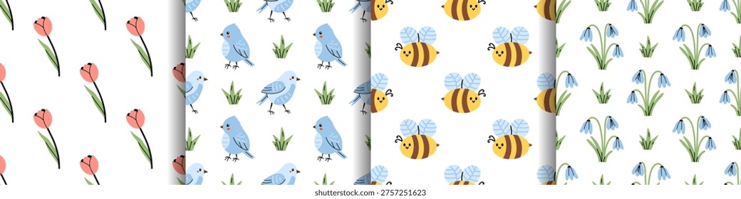 Vector seamless pattern collection with tulips, cute blue songbirds, grass, smiling bumblebees, snowdrop flowers. Playful spring garden set of prints for kids fabric, wallpaper, wrapping paper.