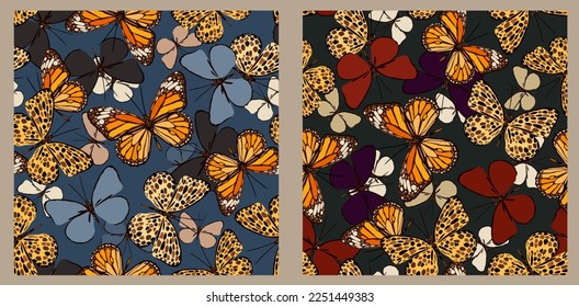 Vector seamless pattern collection. Two patterns with colorful butterflies.