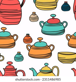 Vector seamless pattern of a collection of vibrant teapots on a clean white background. A variety of colorful teapots on a white background.