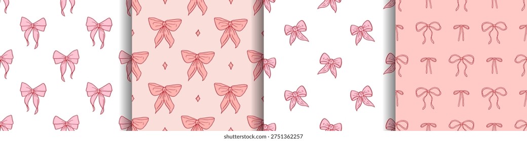 Vector seamless pattern collection with whimsical coquette ribbon bows in soft pink on white, blush background. Charming girly bow prints for feminine wrapping paper, textile, romantic branding.