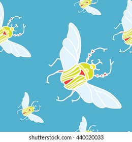 Vector seamless pattern with color beetles on white background