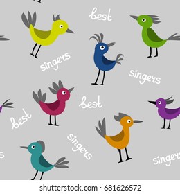 Vector seamless pattern of color birds, inscription best singers