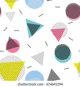 Vector Seamless Pattern With Color, Black And White Geometric Forms. Line, Triangle, Circle Shape With Dots . Retro 80s-90s Pattern.