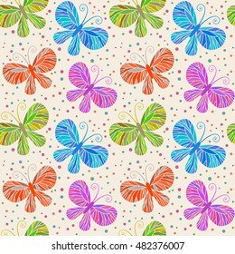 Vector seamless pattern with color butterflies. Cute background. Decorative illustration for print, web