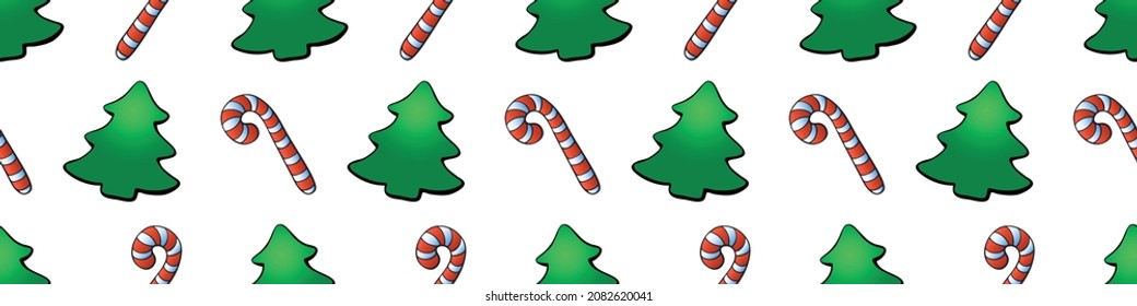 Vector seamless pattern with color candy cane, decorations, xmas tree, in flat style. Festive bright backgrounds and textures for Merry Christmas and happy New Year