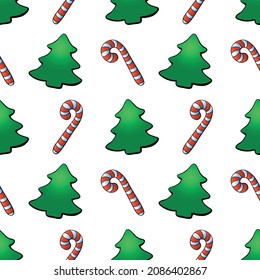 Vector seamless pattern with color candy cane, decorations, xmas tree, in flat style. Festive bright backgrounds and textures for Merry Christmas and happy New Year
