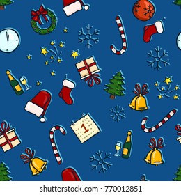 Vector Seamless Pattern of Color Christmas Symbols on Blue Background