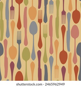 vector seamless pattern with color cutlery fork spoon and knife in vintage style. Suitable for vintage Wallpaper, wrapping paper, fabric