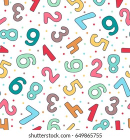 Vector seamless pattern with color digits and dots. Bright festive background for kids. Colorful elements on white backdrop.