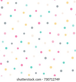 Vector Seamless Pattern With Color Dots. Cute Background For Baby. Pink, Yellow, Green, Gray, Beige Elements On White Backdrop.