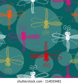 Vector seamless pattern with color dragonfly