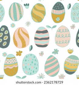 Vector seamless pattern of a color eggs. Illustration of easter decorative eggs background textile or wrapping. Traditional easter ornament. Happy easter. Hand-drawn. Vector illustration.