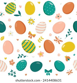 Vector seamless pattern of a color eggs. Illustration of easter decorative eggs background textile or wrapping. Traditional easter ornament. Happy easter. Hand-drawn. Vector illustration.