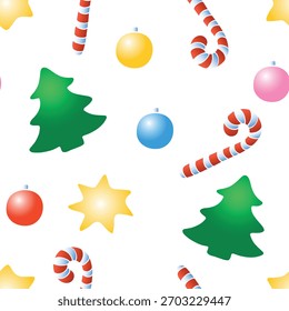 Vector seamless pattern of color festive symbols: figures of Christmas trees, candy canes, stars, xmas balls, decorations. Bright texture for Merry Christmas, Happy New Year