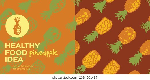 Vector seamless pattern with color hand drawn pineapple ornament. Healthy food idea banner template design. Organic ananas label template. Fruit and berries doodles for natural cosmetic design.