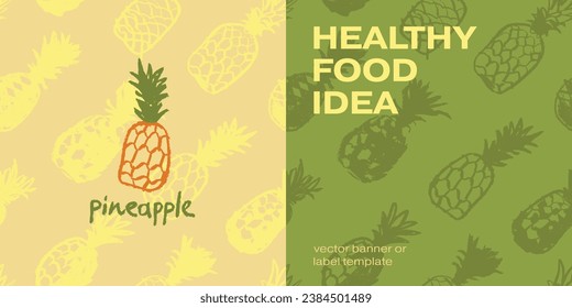 Vector seamless pattern with color hand drawn pineapple ornament. Healthy food idea banner template design. Organic ananas label template. Fruit and berries doodles for natural cosmetic design.