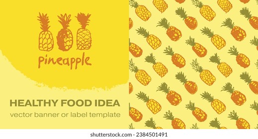 Vector seamless pattern with color hand drawn pineapple ornament. Healthy food idea banner template design. Organic ananas label template. Fruit and berries doodles for natural cosmetic design.