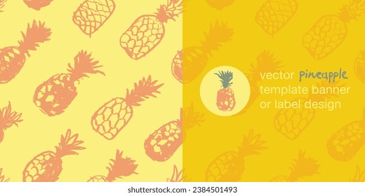 Vector seamless pattern with color hand drawn pineapple ornament. Healthy food idea banner template design. Organic ananas label template. Fruit and berries doodles for natural cosmetic design.