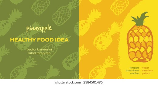 Vector seamless pattern with color hand drawn pineapple ornament. Healthy food idea banner template design. Organic ananas label template. Fruit and berries doodles for natural cosmetic design.