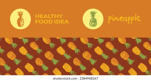 Vector seamless pattern with color hand drawn pineapple ornament. Healthy food idea banner template design. Organic ananas label template. Fruit and berries doodles for natural cosmetic design.