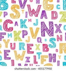 Vector seamless pattern with color hand drawn sketch alphabet. Scratched and hatching letters. Design for fashion textile print, wrapping, web backgrounds. School or education theme.