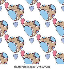 Vector seamless pattern with color hearts of doodles. Romantic background Valentine's Day, wedding in childish hand drawn sketch style. Abstract ornamental cute decorative illustration for print, web