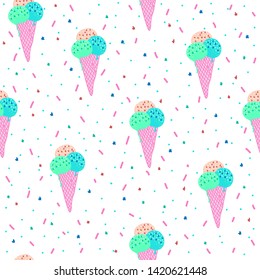 Vector seamless pattern with color ice cream. Hand drawn ice cream on white background. Cute ice cream cone with color topping. Summer design for print, textile, postcard