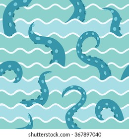 Vector seamless pattern. Color vector  illustration of octopus tentacles in the waves 
