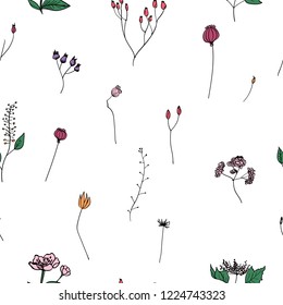 Vector seamless pattern with color ink flowers. Color ink flowers on white background. 