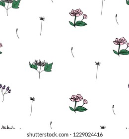 Vector seamless pattern with color ink flowers. Color ink flowers on white background