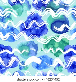 Vector seamless pattern with the color ink painted drops and the wavy streaks for a background or a texture as the sea waves
