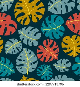 Vector seamless pattern with color leaves of Monstera on a dark background.