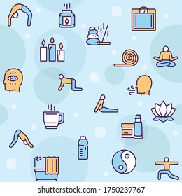 Vector seamless pattern with color linear icon of yoga lifestyle. Outline symbol endless background of human in asana, candles, aromatherapy, meditation, lotus, hygiene, relax, body healthcare