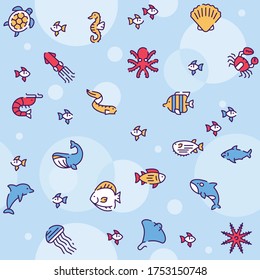 Vector seamless pattern with color linear icon of underwater fish, marine animals. Outline symbol background of sea life, turtle, dolphin, starfish, octopus, seashell, shrimp. Aquatic print texture