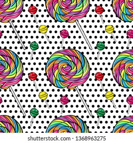 Vector seamless pattern color lolipop on black polka-dots  background. Candy in pop art style. 