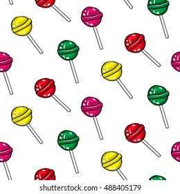 Vector seamless pattern color lolipop isoleted on white background. Candy in pop art style. 