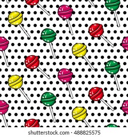 Vector Seamless Pattern Color Lollipop On Black Polka-dots  Background. Candy In Pop-art Style. 