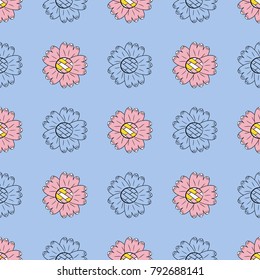 Vector seamless pattern of color and monochrome sunflowers in Scandinavian style hand drawn. Cartoon style Use for backgrounds, textiles, wrapping paper
