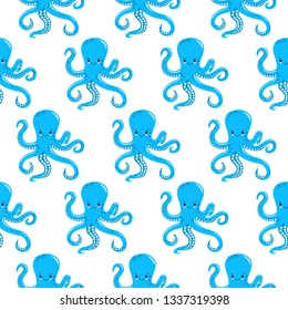 Vector seamless pattern with color octopuses. Cute octopuses have fun
