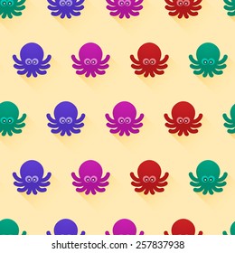 Vector seamless pattern with color octopuses. Cute octopuses have fun