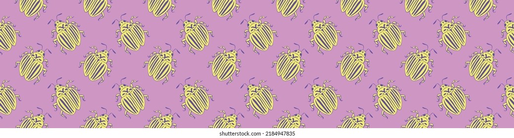 Vector seamless pattern of color outline colorado beetles in Doodle style. Bugs with stripes on its back, top view. Simple texture with insects, parasites, pests