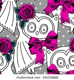 Vector seamless pattern with color owls 3 