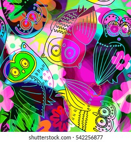 Vector seamless pattern with color owls