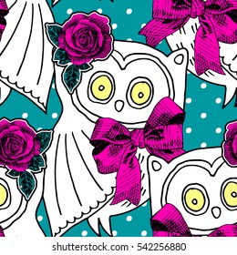 Vector seamless pattern with color owls 1